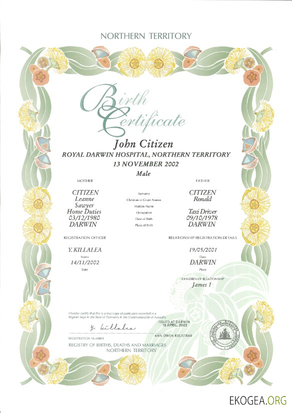 Modèle de certificat de naissance décoratif (commémoratif) du Territoire du Nord australien au format PSD